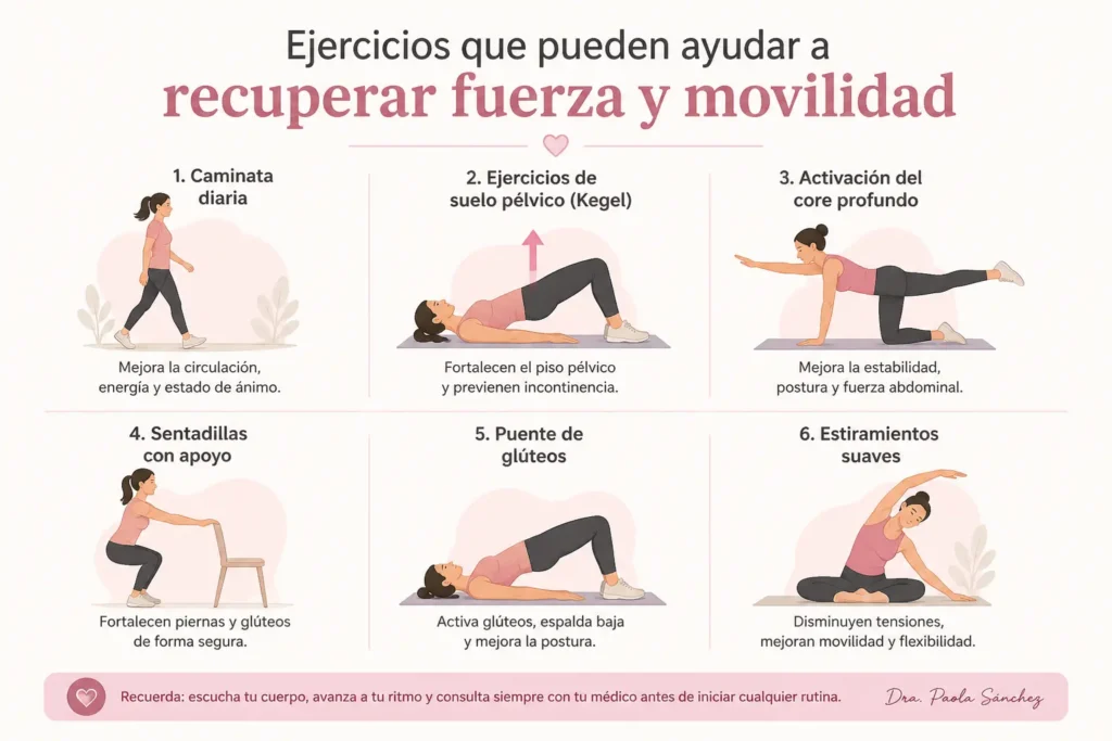 Infografia sobre ejercicios para recuperar la fuerza y movilidad despues del embarazo