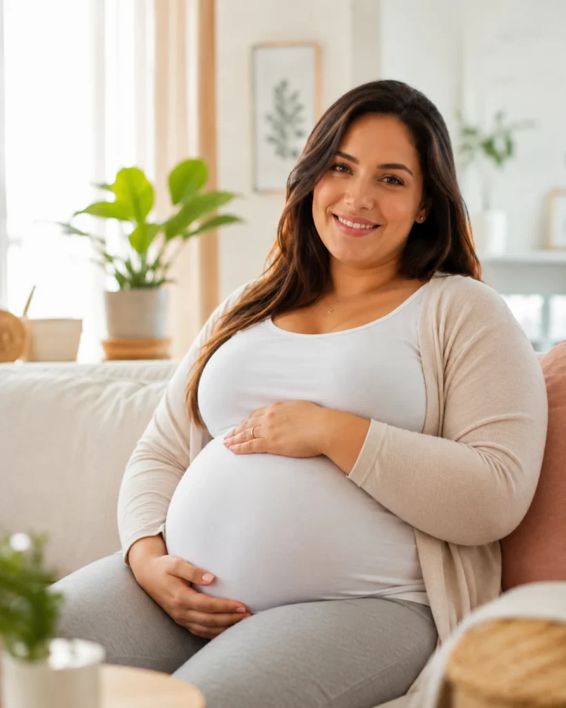 Mujer embarazada sonriente cuidando su bienestar durante la gestación
