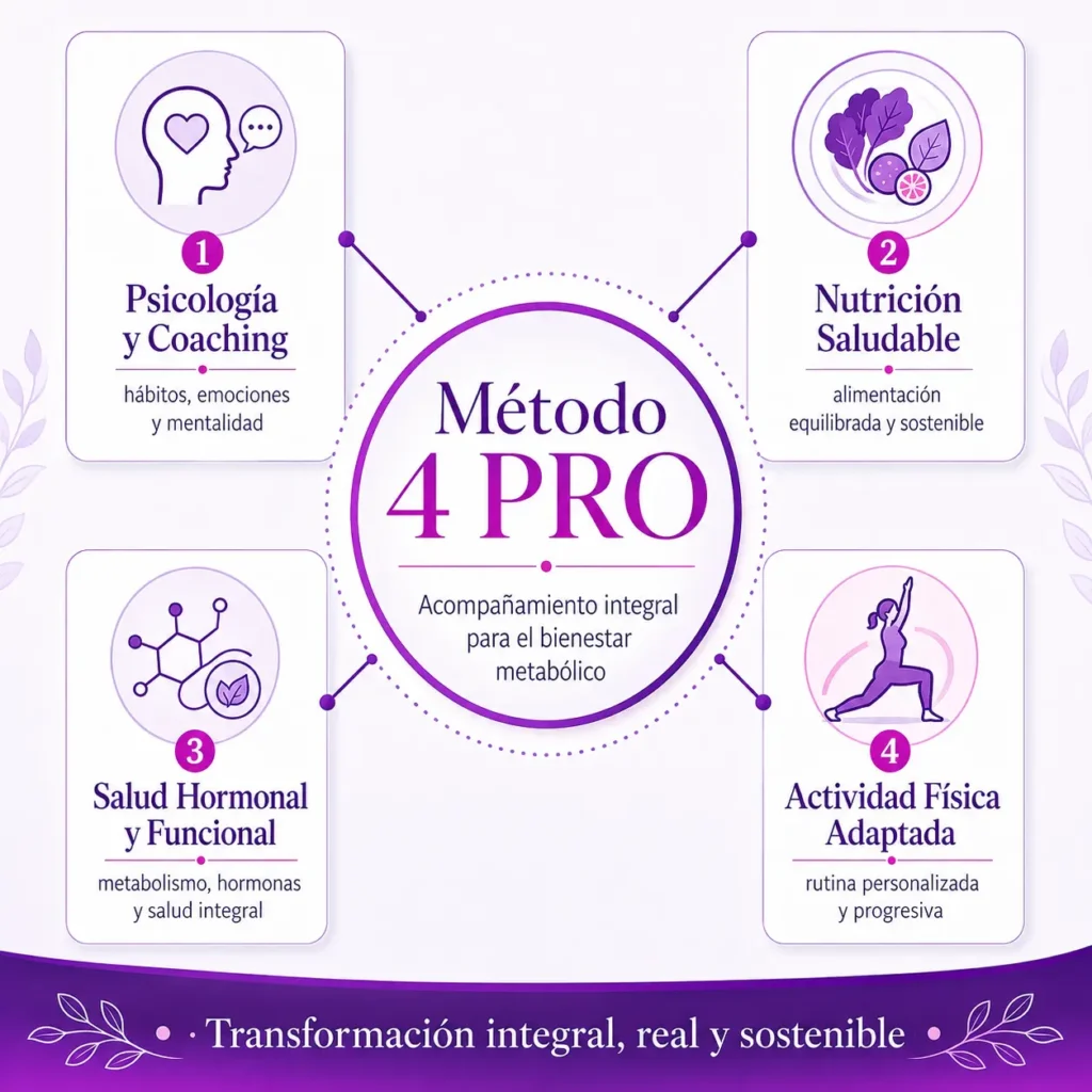 Infografía Método 4 PRO: nutrición, psicología, salud hormonal y actividad física para el embarazo