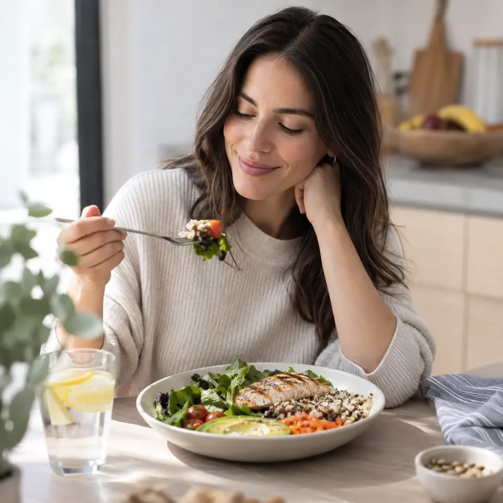 Mujer disfrutando una comida saludable y equilibrada durante un proceso de pérdida de peso sostenible - Dra. Paola Sánchez - Bogotá, Colombia