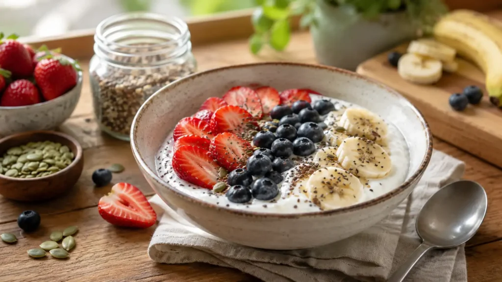 Desayuno saludable colombiano - Puesto 3. Yogur griego con fruta y semillas - Dra Paola Sanchez